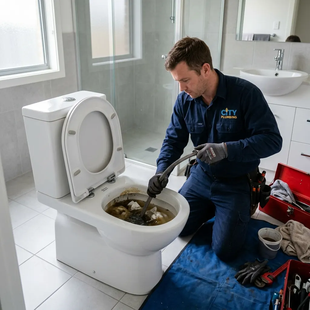 Técnico desatascando un inodoro con herramienta manual en un baño de Murcia