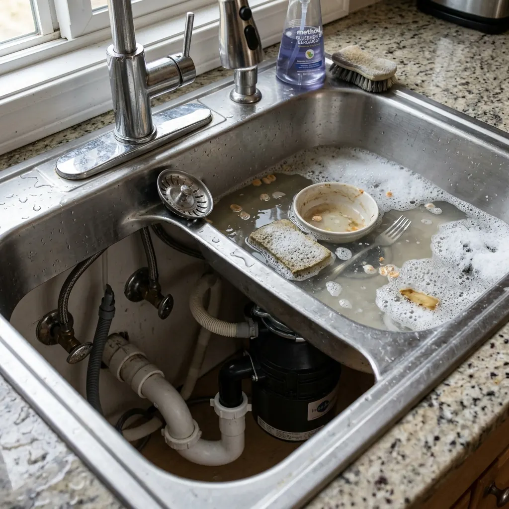 Fregadero de cocina atascado con agua estancada