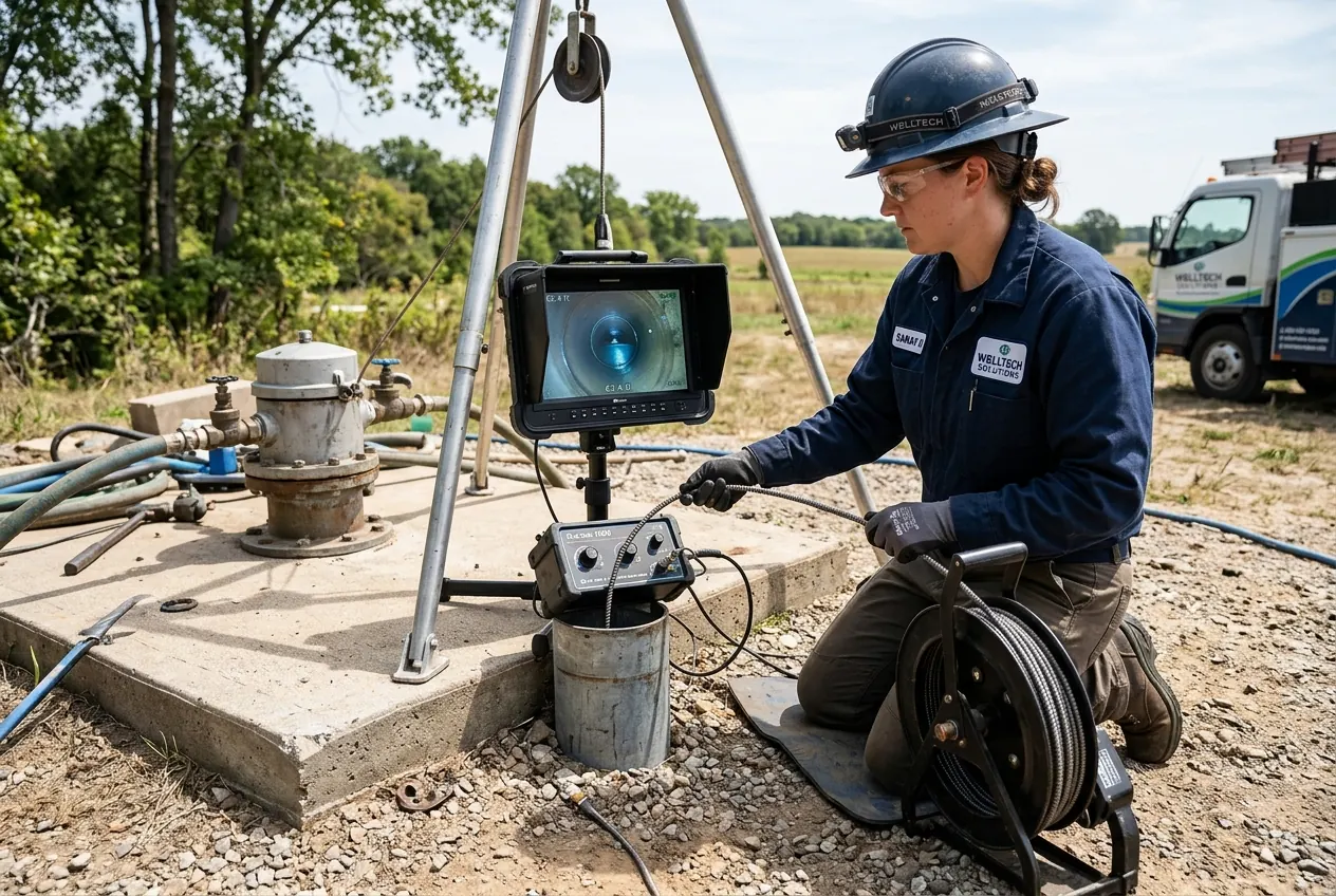 Técnico inspeccionando un pozo con cámara durante su rehabilitación