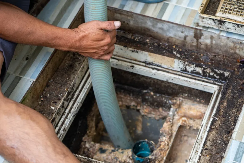 Vaciado y limpieza de una arqueta de grasas con manguera de aspiración