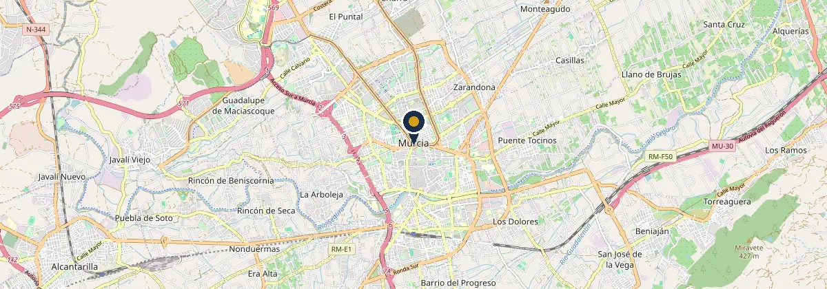 Mapa de Murcia capital con la zona de trabajo de Pocero en Murcia
