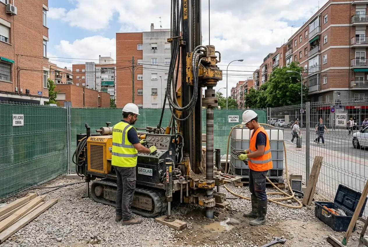 Máquina de sondeos geotécnicos trabajando en un solar urbano de Murcia